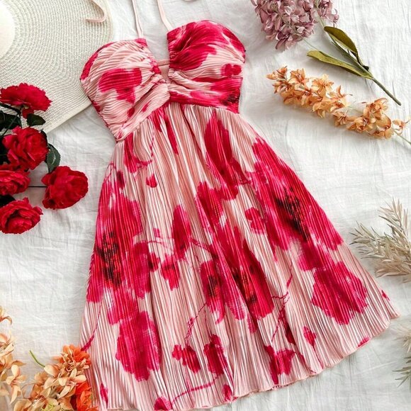 Red Boho Women's Tie Dye Floral Print Bowknot Tie-Neck Dress - Picture 1 of 5